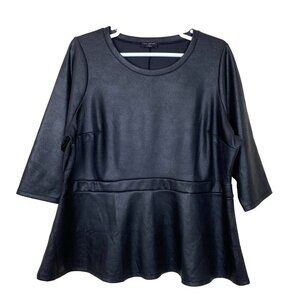 Lane Bryant Womens 26 28 Faux Leather Peplum Blouse Black Top 3/4 Sleeve Stretch